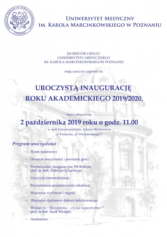 Zaproszenie na Uroczystą Inaugurację Roku Akademickiego 2019/2020