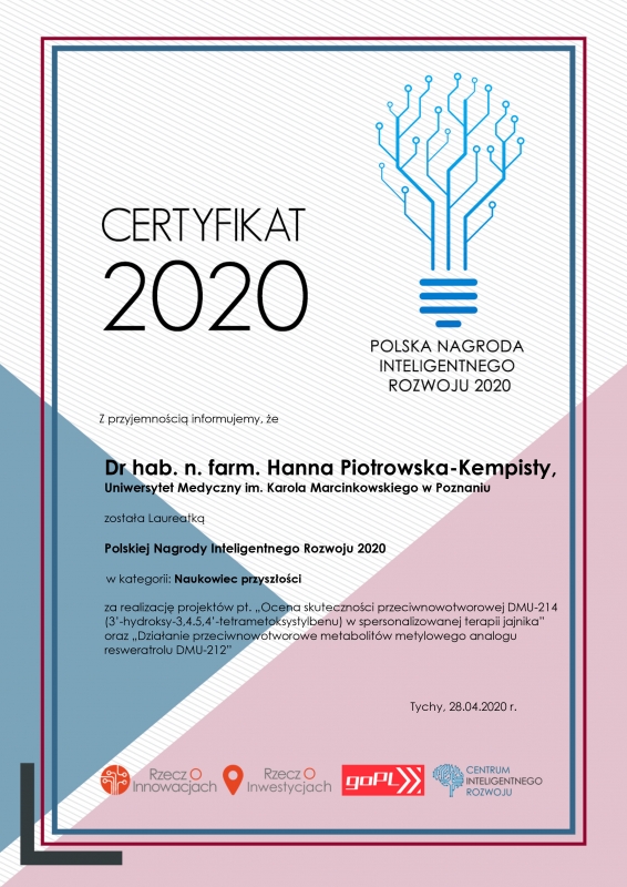 Certyfikat - Dr hab. Hanna Piotrowska-Kempisty